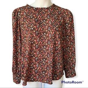 NWOT - FUN Details- LOFT Black Floral Tie Back Ruffle Floral Blouse - Large